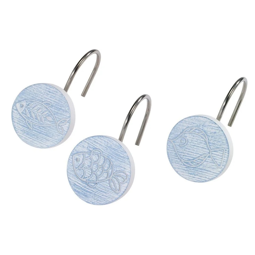 New in Box Avanti Blue Fin Bay Fish Shower Hooks - Set of 12